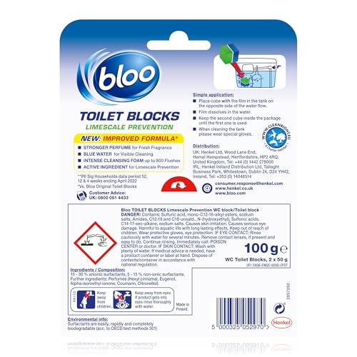 Bloo New Toilet Blocks, Pack of 14, Toilet Limescale Remover Cistern Block, Toilet Cleaner Block with Cleaning and Foaming Action, Toilet Fresheners - Limescale Prevention