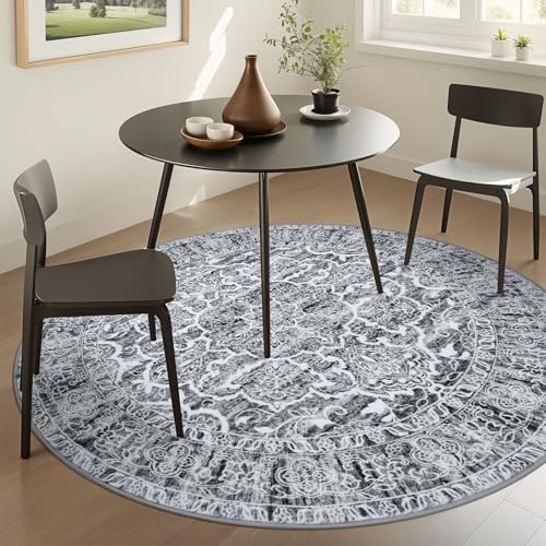KUTA Round Rugs 6ft, Grey White Circle Rug Washable 6ft, Non-Slip Printed Vintage Medallion Carpet for Living Room Dining Kitchen Indoor Entryway