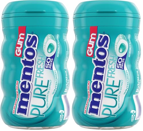 Image of Mentos Pure Fresh Sugar-Free Chewing Gum with Xylitol, Wintergreen, Non Melting, 50 Piece Bottle (Pack of 2)