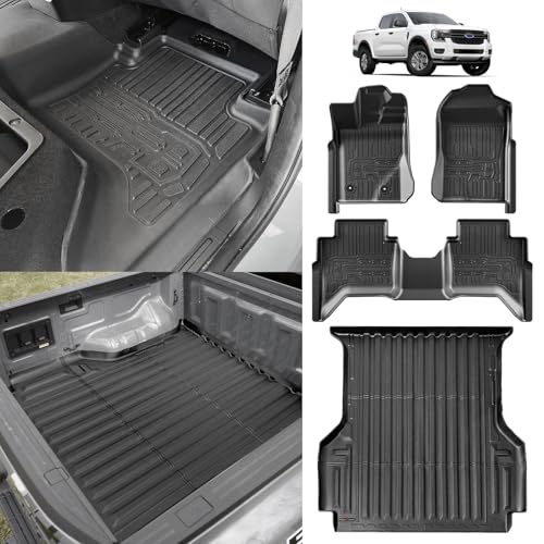 Image of TripleAliners Truck Bed Mat & Floor Mats Front Rear Full Set Compatible with Ford Ranger 2024-2025 SuperCrew Accessories All Weather TPE Truck Liner Custom Fit (5FT Truck Bed Mat+Floor Mats)