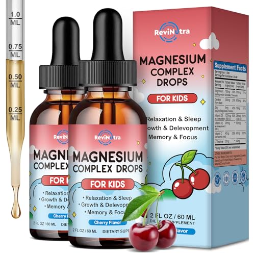 Image of (2 Pack) Magnesium Glycinate Liquid for Kids, Kids Magnesium Liquid Drops Supplement with L-Theanine, Calcium, Zinc, Vitamin D3 K2 for Sleep Calm Relaxation Brain Bones Focus, Cherry Flavor 4 Fl Oz