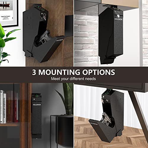 Image of HOLEWOR Gun Safe, Biometric Gun Safe for Handgun Drop Down Pistol Safe Mounted Single Handgun Safe with Fingerprint, Passcode, Key Access for Nightstand, Desk, Bedside