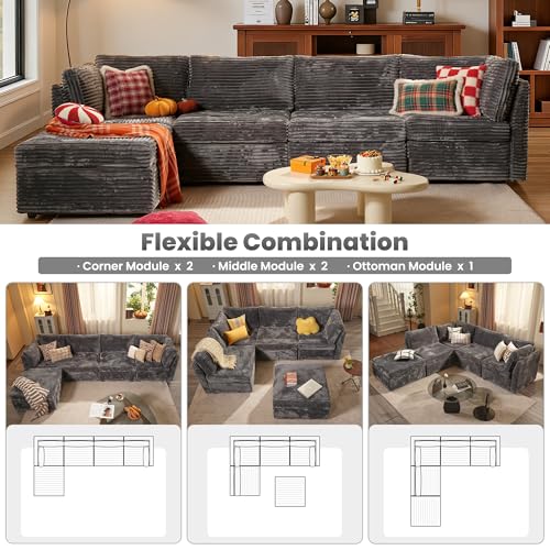 Image of ovios Modular Sectional Sofa Couch with L-Shape Chaise Ottoman, Comfy Plush Corduroy Cloud Couches, Modern Luxury Deep Seat Sofas Set for Living Room, 5-Seater, Grey