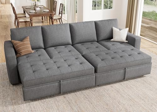 Image of HONBAY Modular Sectional Sleeper Sofa with Pull Out Bed, Linen Convertible Sectional Couches for Living Room,Grey