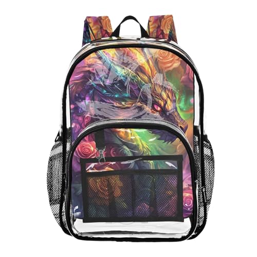 Clear Backpack for School Dragon Surrounded Roses Transparent Bookbag for Girls See Through PVC Boy Backpacks - Main Image