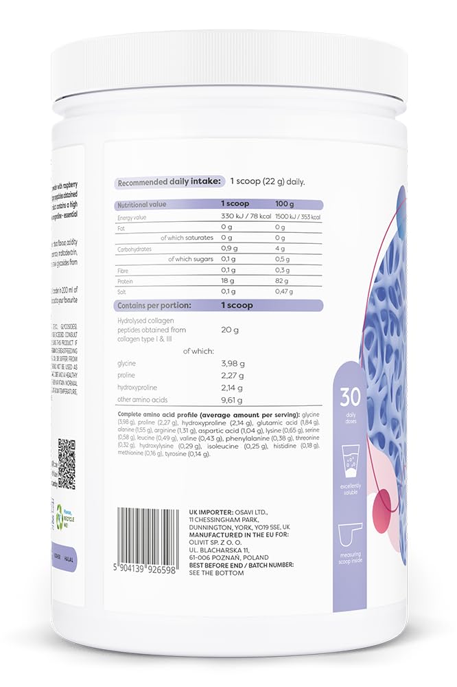 Osavi Hydrolysiertes Kollagen Typ I & III – 660 g Pulver | Himbeergeschmack | 20 g Peptide pro Portion | 18 Aminosäuren inkl. Glycin & Prolin | Unterstützt Muskeln & Knochen | Leicht löslich