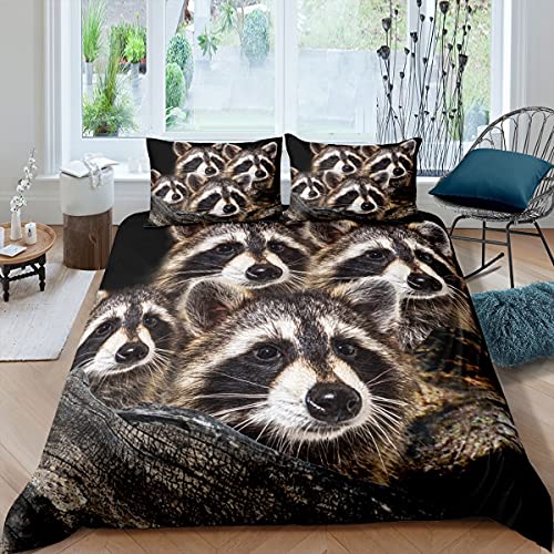 Loussiesd Raccoon Bedding Set Kids Brown Raccoon Panda Duvet Cover Set 3D Raccoon Animal Pattern Bed Set Soft Microfiber Bedclothes with 2 Pillowcase King Size Bed Cover