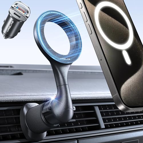 MRGLAS for MagSafe Car Mount with Car Charger [40 Strong Magnets] [360° Rotation] Air Vent Magnetic Cell Phone Holder [Double Metal Hook] Car Phone Mount Compatible iPhone 15 14 Pro Max Samsung S24