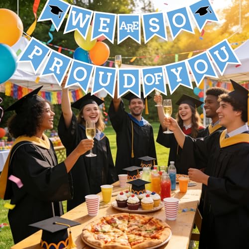 Image of Light Blue We Are So Proud Of You Banner Congrats Grad Cap Bunting Flag Grad Party Decoration Idea