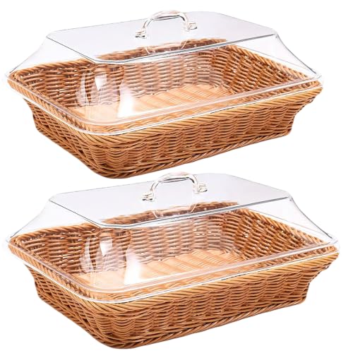 Image of 2PCS Imitation Rattan Bread Baskets Fruit Snack Basket with Acrylic Lid