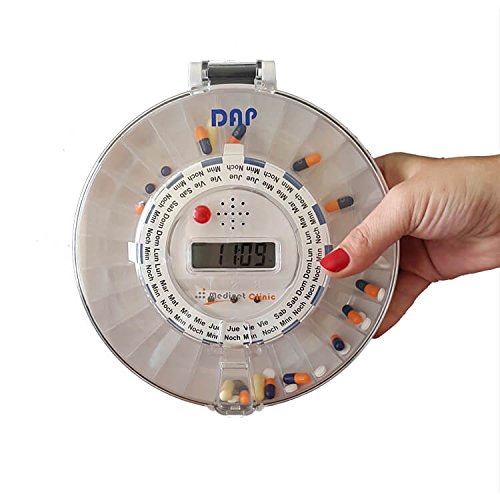 DAP est un pilulier electronique automatique avec cle de securite et alarme, 28 compartiments pour medicaments et minuterie, permet 6 prises per jour. Modèle 2017 MedinetClinic. Couvercle transparent