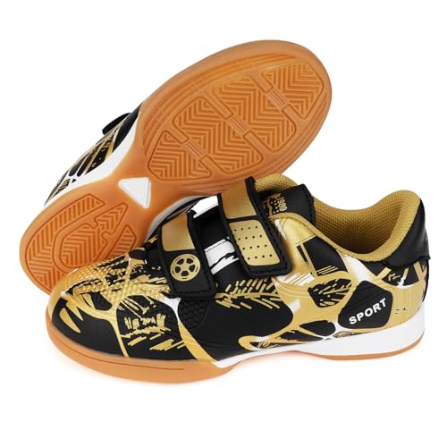 Linkidea Kids Laceless Indoor Soccer Shoes, Rubber Outsole Anti-Slip Sneaker, Futsal Training Cleats for Boys and Girls (Black)