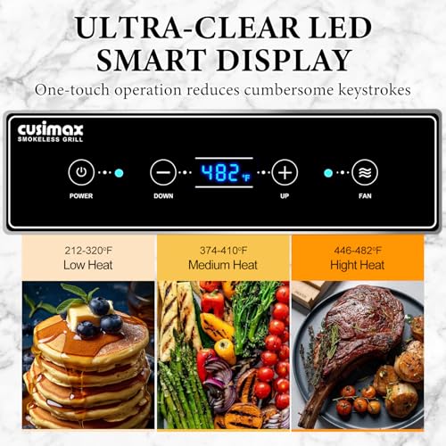 Image of Indoor Grill, CUSIMAX Electric Smokeless Grill & Griddle, Black, 1500W | With REPLACEABLE Smoke Filter Sponge /Smart LED Display /Non Stick 2 in 1 Grill & Griddle Plates /Larger Grilling Area