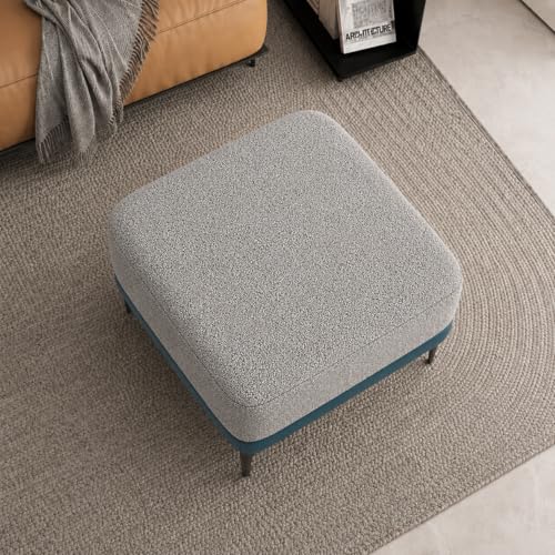 Image of Modern Upholstered Ottoman Stool | Solid Wood Base & Metal Legs | Premium Puffy Footrest Bench for Living Room, Bedroom & Lounge