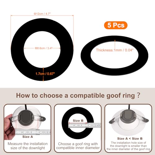 Image of Goof Trim Ring for LED Recessed Can Lights, 5 Pack Ceiling Downlight Trim Ring Cover 3.38-Inch x 4.72-Inch (ID x OD) Matte Black, Paintable Surface, Steel Construction