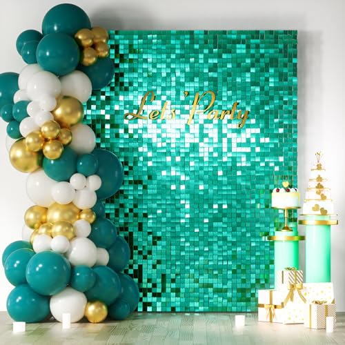 Image of COKAOBE Emerald Green Shimmer Wall Backdrop, 24PCS Square Sequin Shimmer Backdrop Panel, Photo Backdrops for Birthday, Anniversary, Wedding, Graduation & Bachelorette Party Decoration
