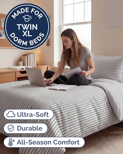 Image of Duvet Cover Queen Size Set - Extra Soft Queen Duvet Cover 90 inch x 90 inch with 2 Pillow Shams for Women, Men, Kids & Teens - Hotel Luxury w / Zipper Closures & Ties - Comfy, Cozy & Breathable (Beige Stripes)