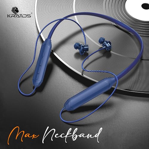 Image of Kratos Blue Bluetooth Neckband with 55H Playtime, Deep Bass, Stereo Sound, HD Calls, Magnetic Earbuds, Voice Assistant, Type-C Fast Charging, Rich Audio, Hollow Switch for Comfort & Style