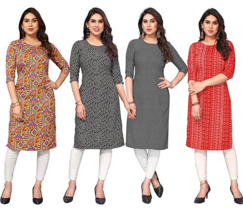 Image of JAKHANA Women's Crepe Printed Casual Straight Calf Length Round Nick Kurta Pack of 4