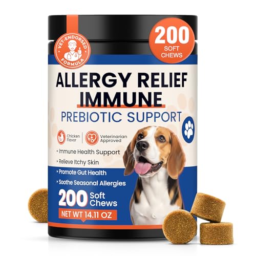 Dog Allergy Chews 200 Ct - Itch Relief for Dogs Immune Support with Colostrum Probiotics & Omega 3 - Seasonal Allergies Anti-Itch Skin & Coat Supplement, Itchy Skin & Paw Relief Bites - Chicken Flavor