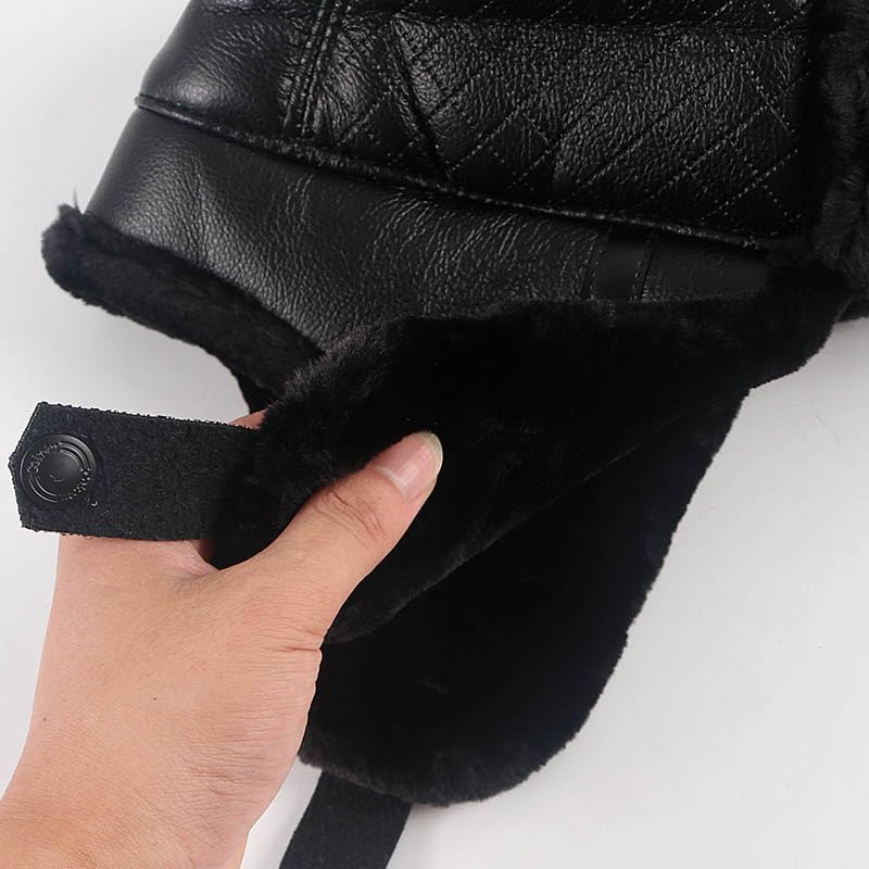 Gorro de Invierno Térmico Gorra de nieve de cuero Sombrero de bombardero for hombre Sombreros de invierno térmicos de piel sintética negra con gorra de papá con orejeras Sombrero de Aviador para Esqui