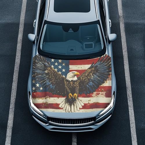 Image of Eagle American Flag Car Hood Cover Weatherproof Automotive Exterior Accessories Universal Fit Hood Covers for Cars, Trucks, SUV, or Van Full Coverage 4th of July Decor