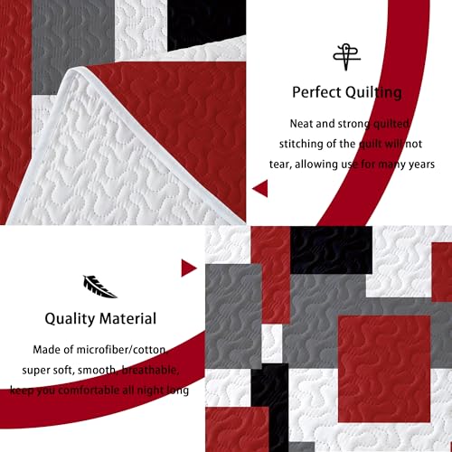 Image of Tyrot 3 Piece Red Black Grey Quilts King Size Red White Gray Bedding Set | Lightweight Bedspread, Geometric Coverlet with 2 Sham, Modern Abstract Soft Microfiber, Bed Cover for All Season, 106''x96''