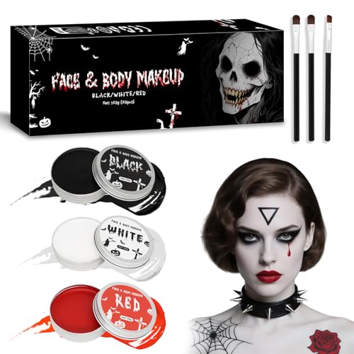 150 g Maquilhagem Halloween preto, branco e vermelho, Halloween pintura facial crianças adulto, pintura facial Halloween, pintura facial para maquilhagem de carnaval, teatro, palhaço, vampiro e zombie