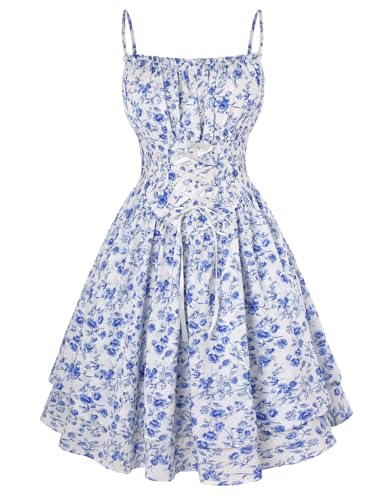 Damen Vintage Minikleid Korsett Floral Print Party Flowy Swing Kleid Beige Dunkelblau Blumen XL
