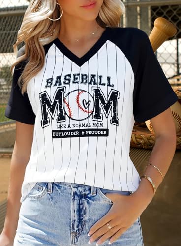 Baseball Mom Shirts for Women - Oversized V Neck Baseball Jersey Shirt Stripe Graphic Print Casual Tops Tees3