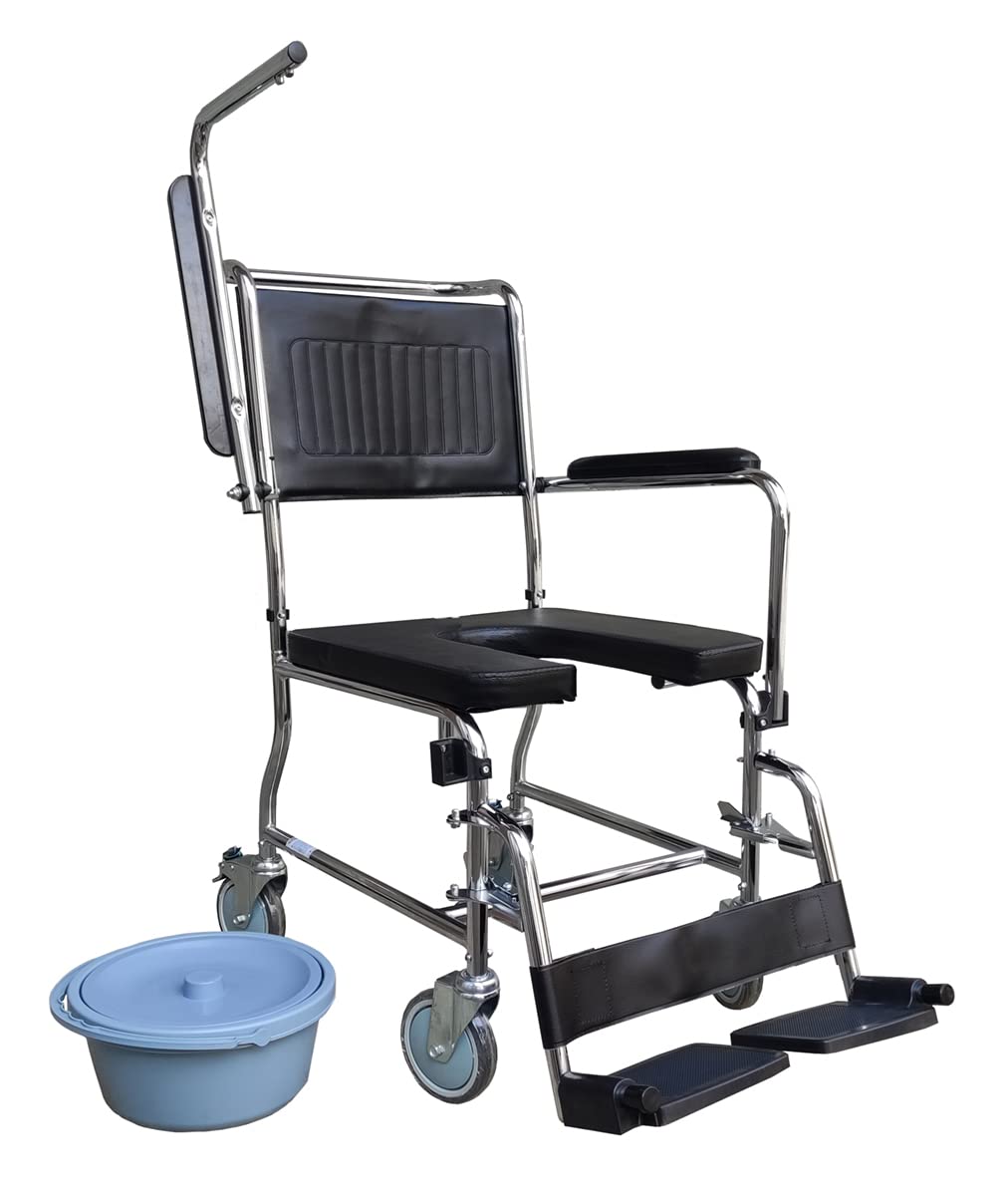 Ausilium Sedia Comoda WC per Disabili e Anziani con Incavo Frontale Igienico - Braccioli Ribaltabili, Pedane Estraibili e Regolabili - Telaio in Acciaio Robusto, Portata 100 kg, Seduta Imbottita