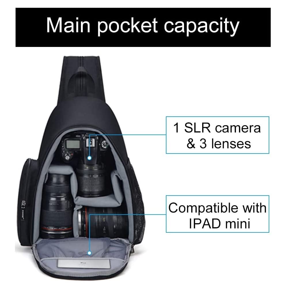 Torba na aparat DSLR wodoodporna 2-kierunkowa torba na ramię plecak duża pojemność z iPadem Mini, statyw, soczewki aparatu do aparatu Nikon D5600, D5500, D5300, D5200, D5100, D5000, Czarny, rozmiar