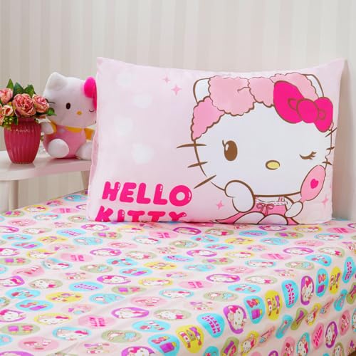 Jogo de Cama Solteiro Infantil Len&ccedil;ol Menina Hello Kitty 2 Pe&ccedil;as Estampado Personagens - Com...