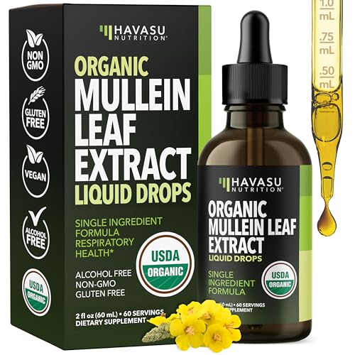 Mullein Drops for Lungs - USDA Organic Mullein Leaf Extract - Respiratory Health and Lung Support Supplement - 2 Fl Oz - Vegan, Non-GMO, and Alcohol Free Formula - Herbal Tincture - 2 Month Supply