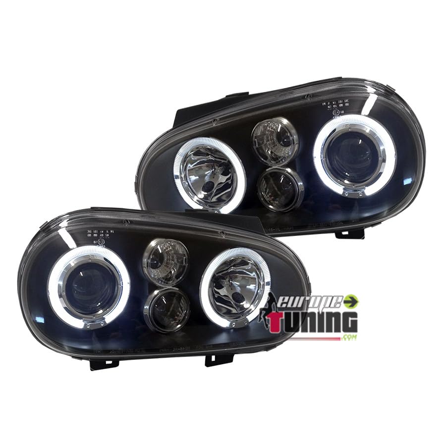 EUROPETUNING 02315 - PHARES FEUX AVANTS NOIRS ANNEAUX ANGEL EYES LED LOOK R32 COMPATIBLE AVEC VW GOLF 4