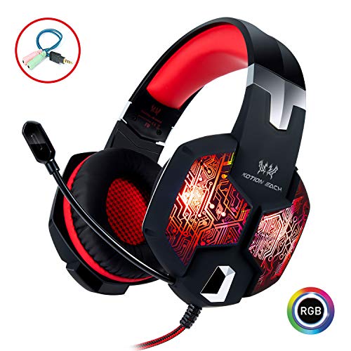 Stereo Gaming Headset with Mic for PC PS4 Xbox One Nintendo Switch,Lightweight Over Ear Headphones 3.5mm Jack for Laptop Mac,USB RGB LED Light & Noise Cancelling Mic Mute & Volume Control - Red