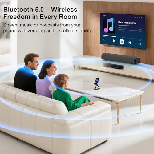 Sound Bar for Smart TV –50W, TV Sound Bar, Optical/AUX Connectivity/USB/Bluetooth, Remote Control, Wall-Mountable Home Theater Audio, with TV, Gaming, Gaming, and Mobile Phone