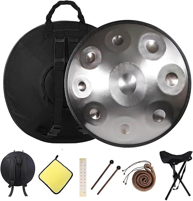 Tambor de mano, 22 pulgadas, D menor 9/10/12 notas tambor de acero con bolsa suave, mazos y soporte, instrumento musical sintonizado de 432 Hz/440 Hz