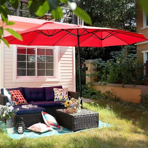 Image of 15ft Large Outdoor Umbrella Double-Sided Patio Umbrella with 65 Kgs Movable Stand, Crank Handle, 12 Ribs Rectangular Garden Umbrella for Patio Graden, Poolside, Terrace, Cafe and Hotels