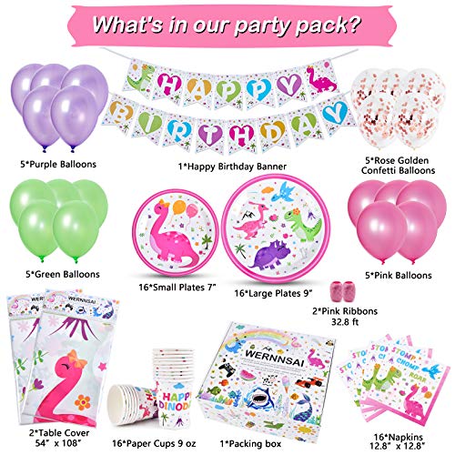 WERNNSAI Dinosaur Party Supplies - Birthday Party Decorations for Girls Birthday Banner Balloons Tablecloth Plates Cups Napkins Tableware Serves 16 Guests 89 PCS