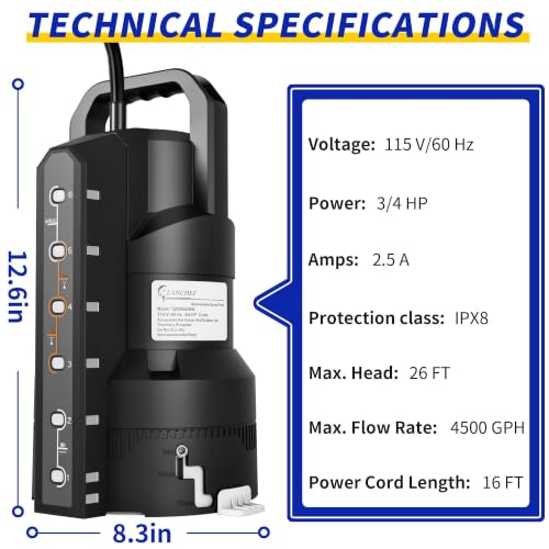 Image of LANCHEZ Sump Pump with 6 Modes, Clean /Dirty Submersible Water Pump, Automatic Thermoplastic Water Removal Transfer Pump with 16FT Cord for Pools Basement Garden Pond, Medium