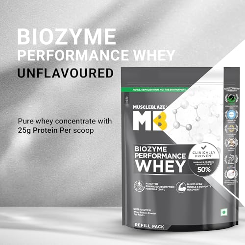 Image of MuscleBlaze Biozyme Performance Whey Protein Powder, Unflavoured (1kg Refill Pack) | 25g Protein Per Scoop | Clinically Tested 50% Higher Protein Absorption