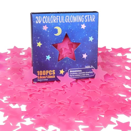 AM AMAONM 100pcs Glow in The Dark Luminous Stars Fluorescent Noctilucent Plastic Wall Stickers Murals Decals for Home Art Decor Nursery Ceiling Wall Decorate Kids Babys Bedroom Room Pink