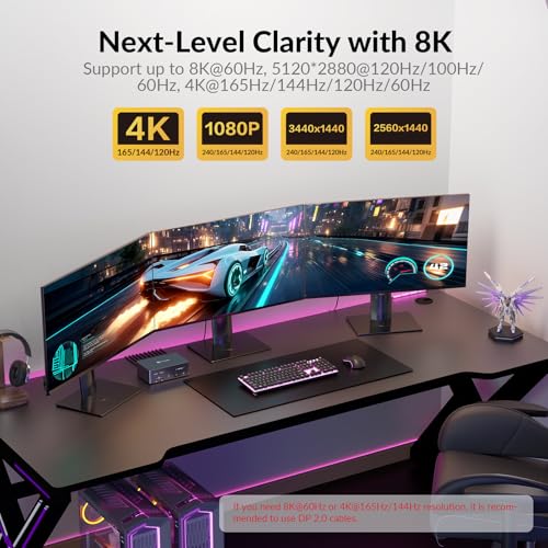 Image of AV Access 8K KVM Switch 3 Monitors 2 Computers, 5 USB Ports, KVM Docking Station Triple Monitor 8K@60Hz /4K@165 /144Hz, 2K@144Hz, SD, Audio, Gigabit LAN for Dell HP Desktop with HDMI & DisplayPort