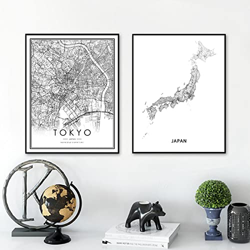 Japan TOKYO City Map Posters and Print Black White Modern Minimalist Wall Pictures Canvas Painting Home Office Decor 15.7 