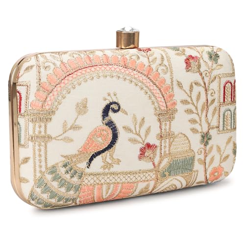 LONGING TO BUY Hand Crafted Designer Box Clutch For Women, Zari Embroidery Hand Clutch For Women (Cream-2)