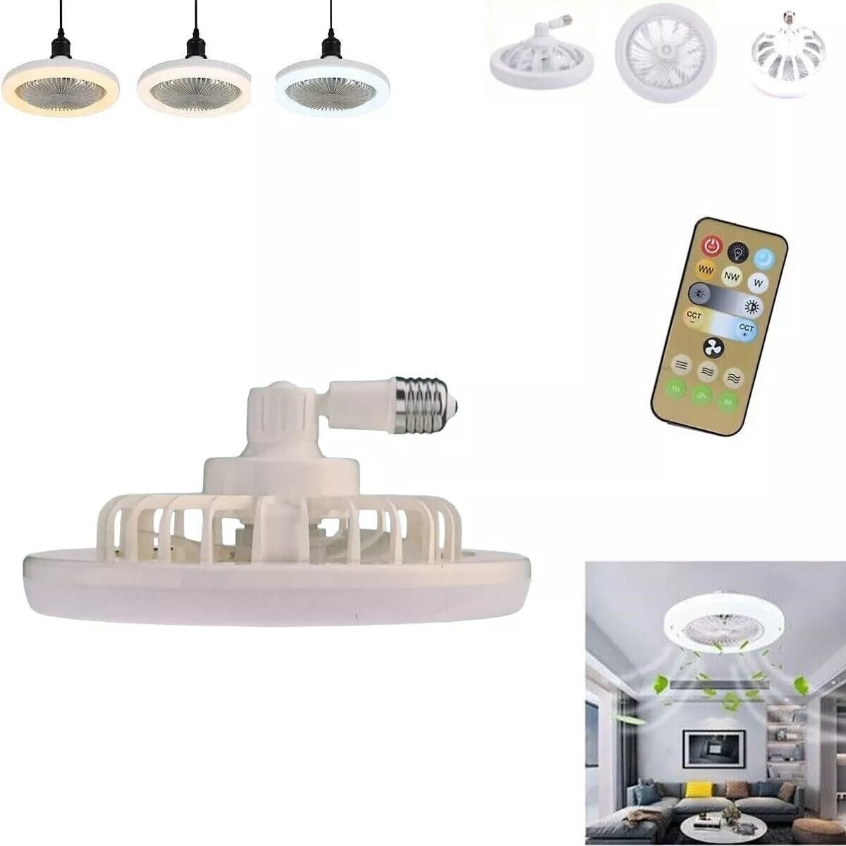 ALLPRESS Ventilatore da Soffitto con Luce LED, Attacco E27, Materiale ABS, Regolabile, Design 2 in 1, con Telecomando, per Casa e Ufficio AS-01579