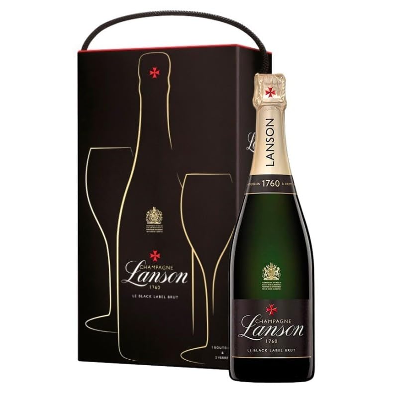Lanson Black Label Brut con copas de regalo, espumoso francés con crianza de 3 años, frescura equilibrada y elegancia para brindar en toda ocasión
