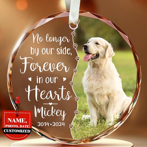 Fastpeace Personalized Memorial Pet Glass Ornament – Custom Photo, Name & Dates – Forever in Our Hearts Tribute Gift for Dog Lovers – Pet Loss Remembrance Christmas Decoration