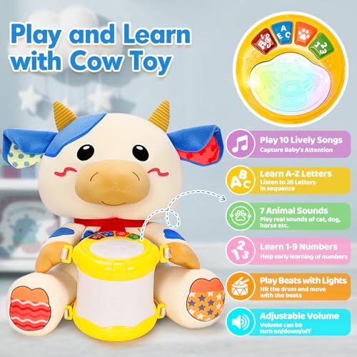 V-Opitos Stuffed Cow Musical Toys for Baby 6-12 Months+, Early Learning Light up Music Drum, Perfect Christmas Birthday Gifts for Boy & Girl Age 1, 2 Years Old - Image 2